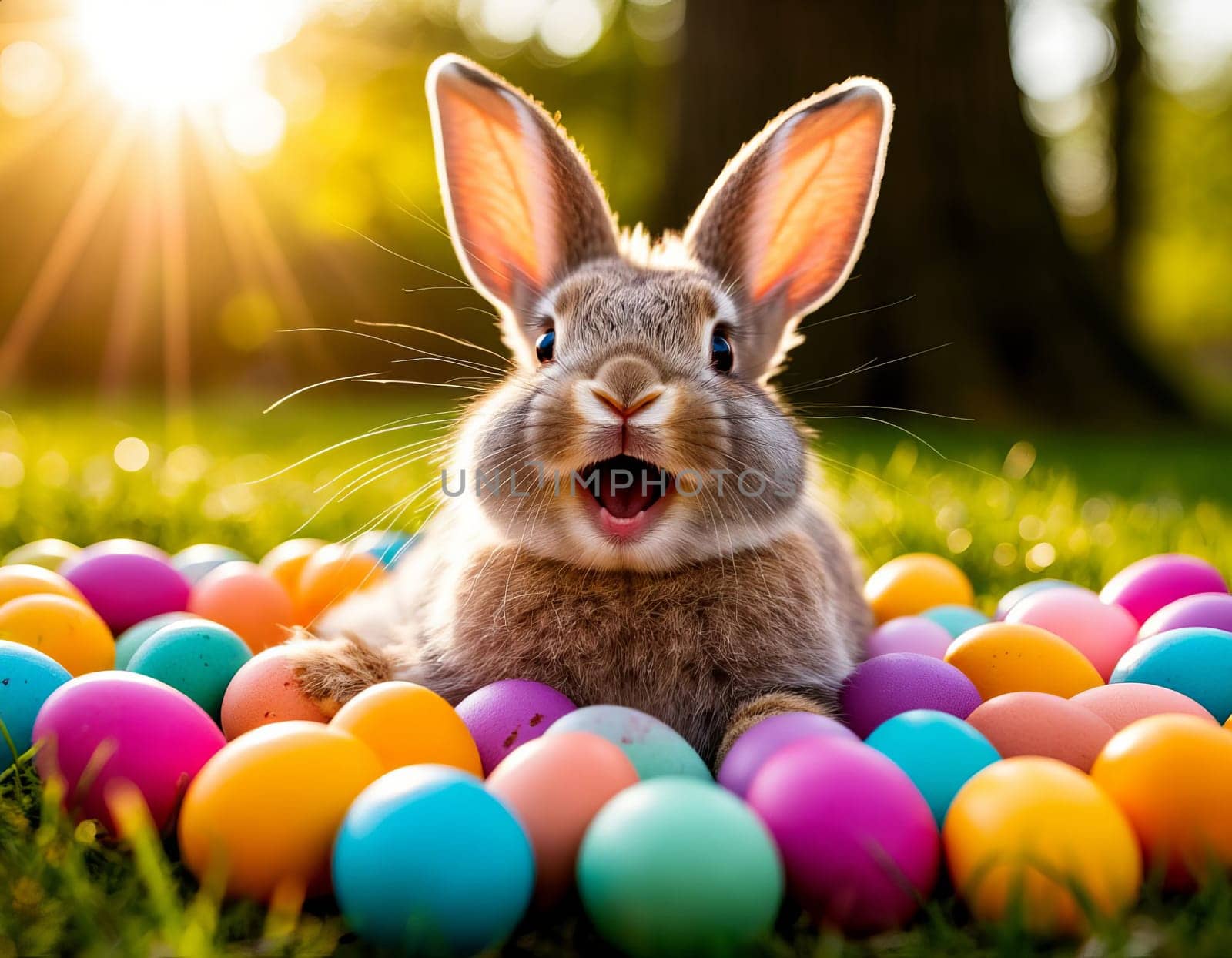 Image of a joyful bunny surrounded by vibrant Easter eggs in a grassy field.