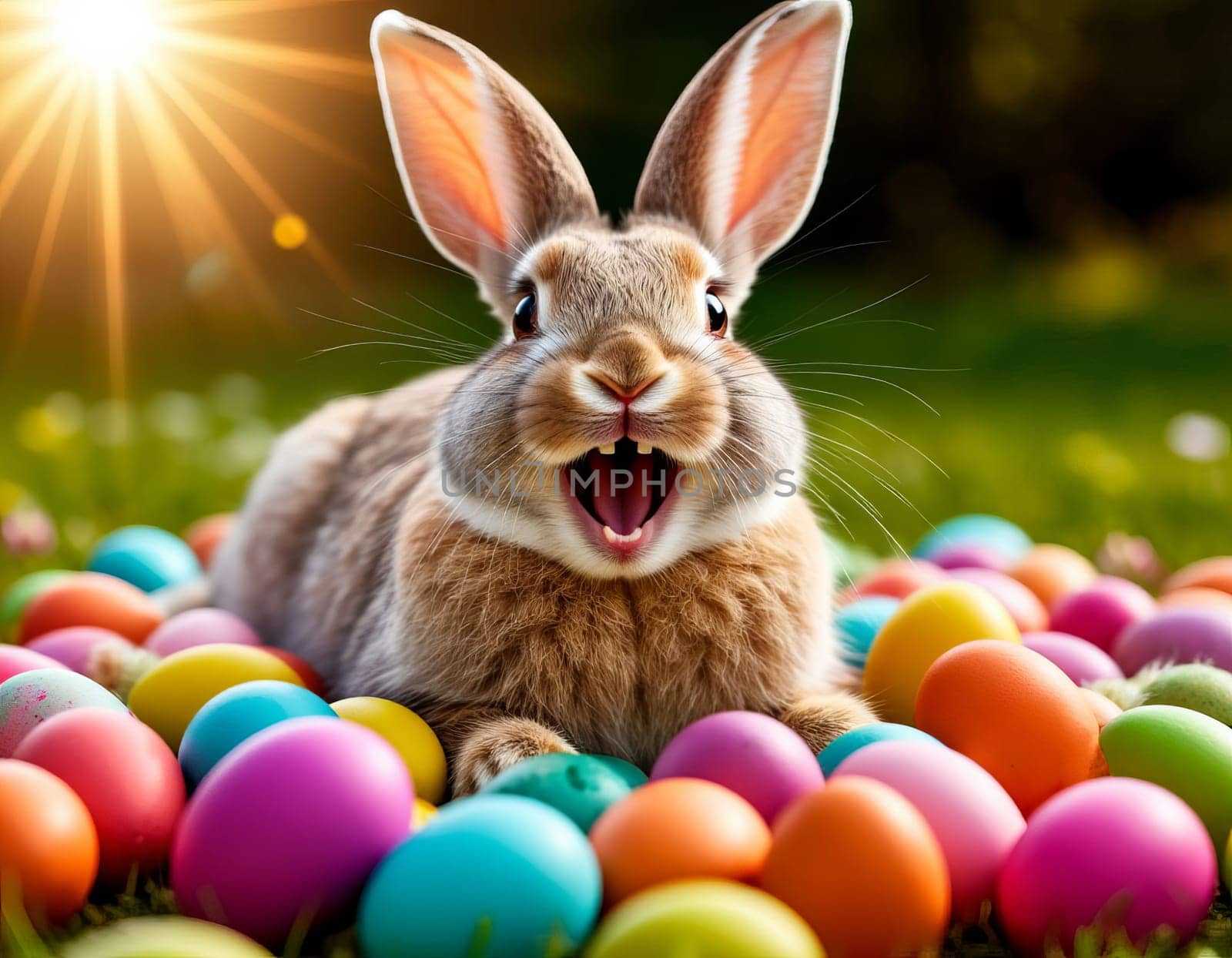 Image of a joyful bunny surrounded by vibrant Easter eggs in a grassy field.