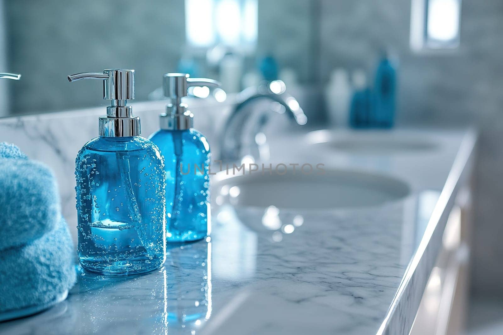 Bathroom. Close-up of a dispenser with blue liquid soap near a sink.
