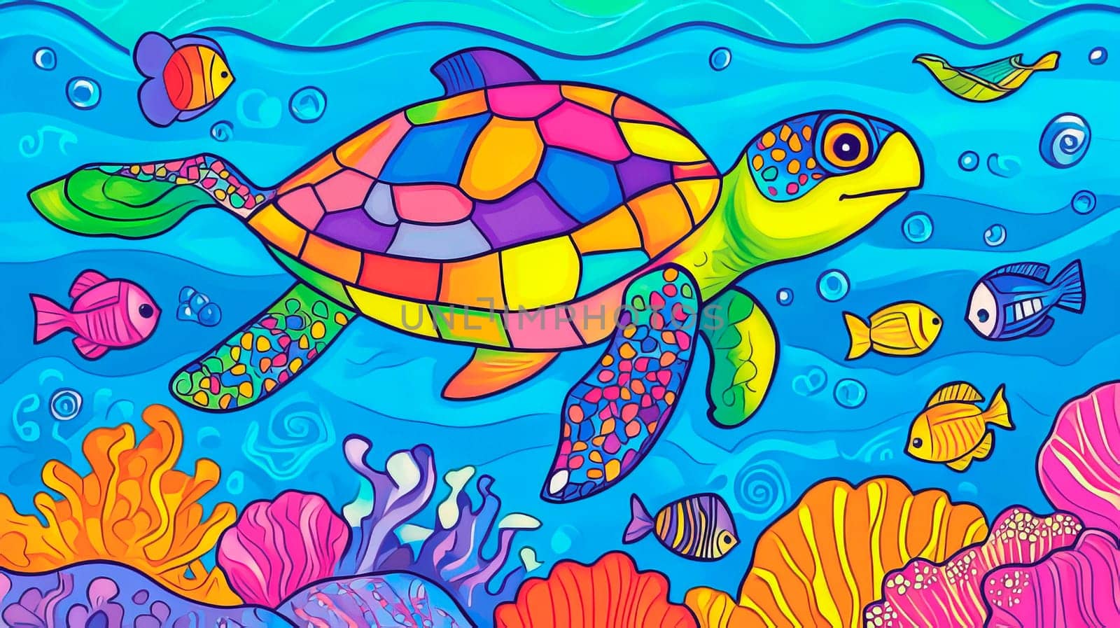 Bright color picture of underwater world with turtle and fish for kids. Ai art