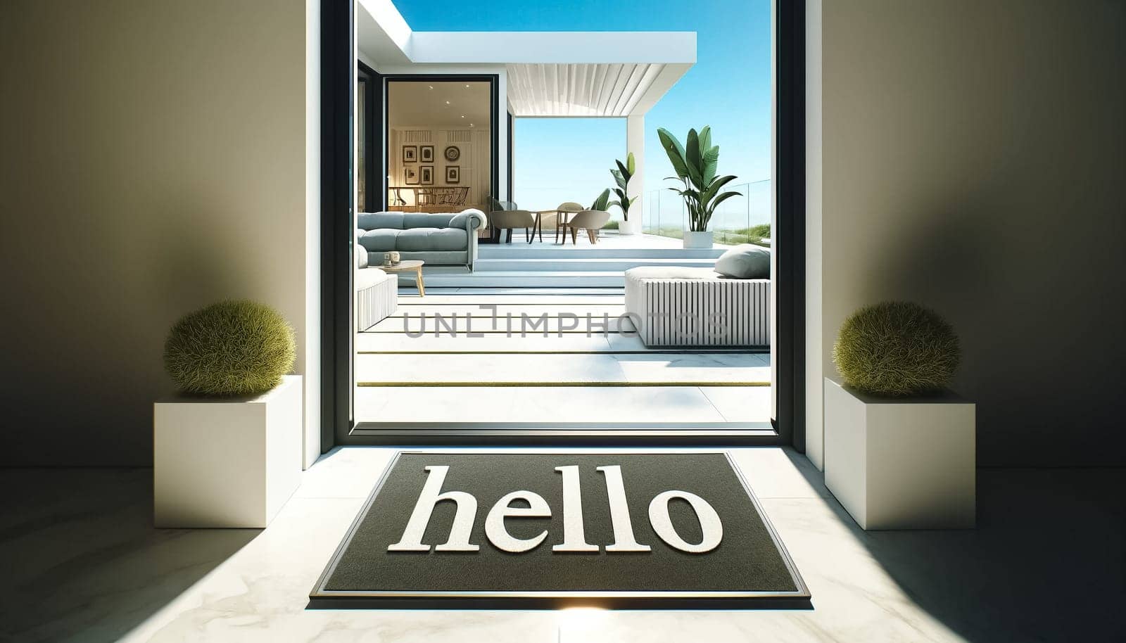 The contemporary Welcome Home doormat, positioned at a side angle, leads into a home where the light cascades onto minimalist elegance, inviting a serene return to a modern abode.