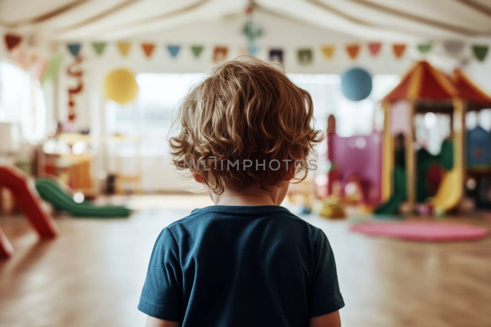 reaa shot A child stands at a vibrant playground, viewing the colorful slides..
