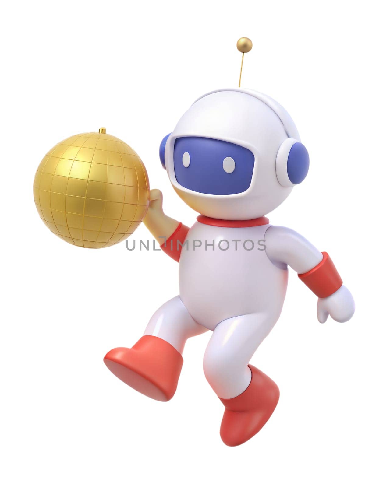 A cute 3D icon of a futuristic robot holding a golden disco ball, isolated on white background. Perfect for entertainment, technology, and space themes.