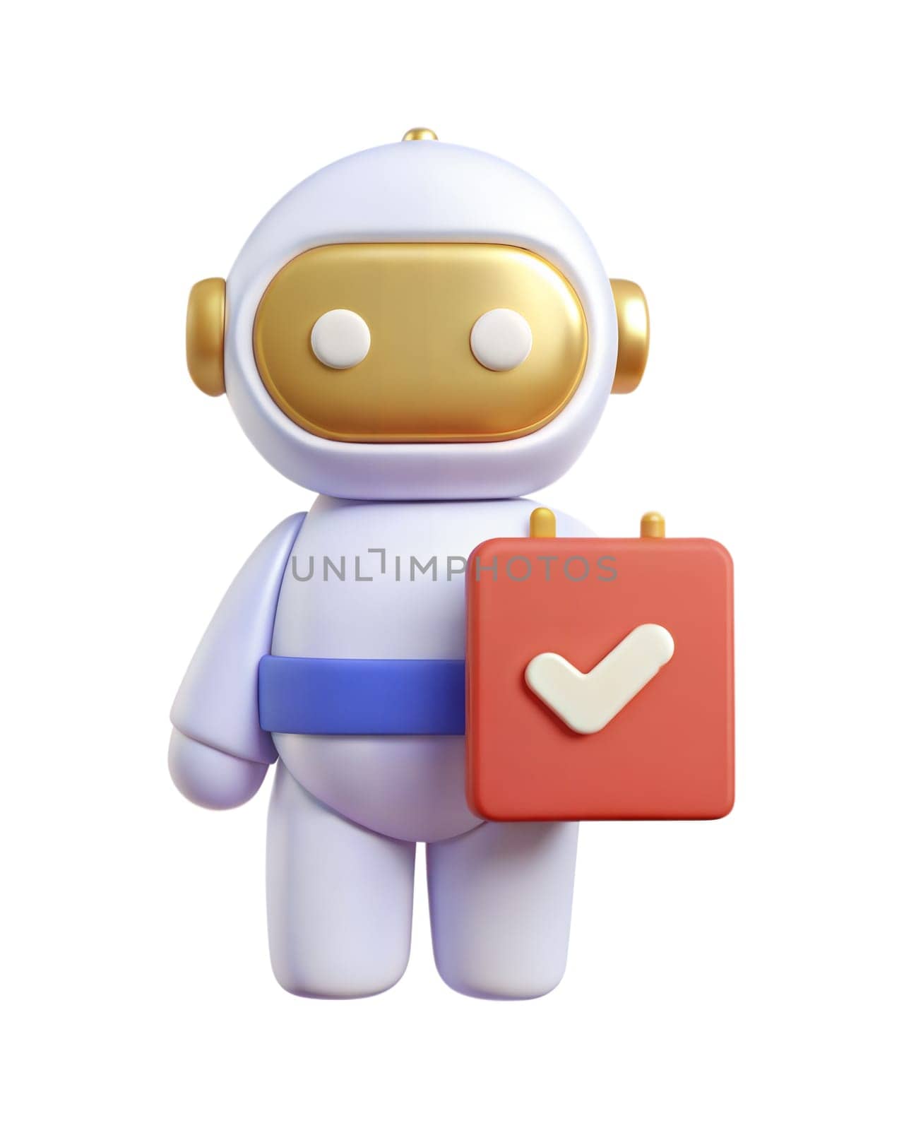 A 3D futuristic robot holding a red checklist with a green checkmark, isolated on white background. Perfect for task management, productivity, and automation concepts.