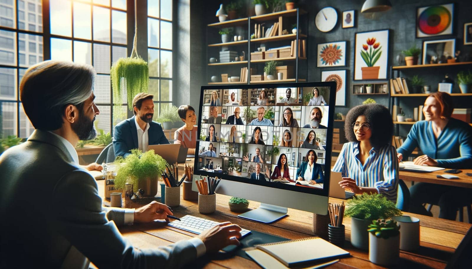 These images depict the lifelike ambiance of a professionally captured virtual meeting, with each participant surrounded by their personalized workspace enriched with natural light and colorful accents.