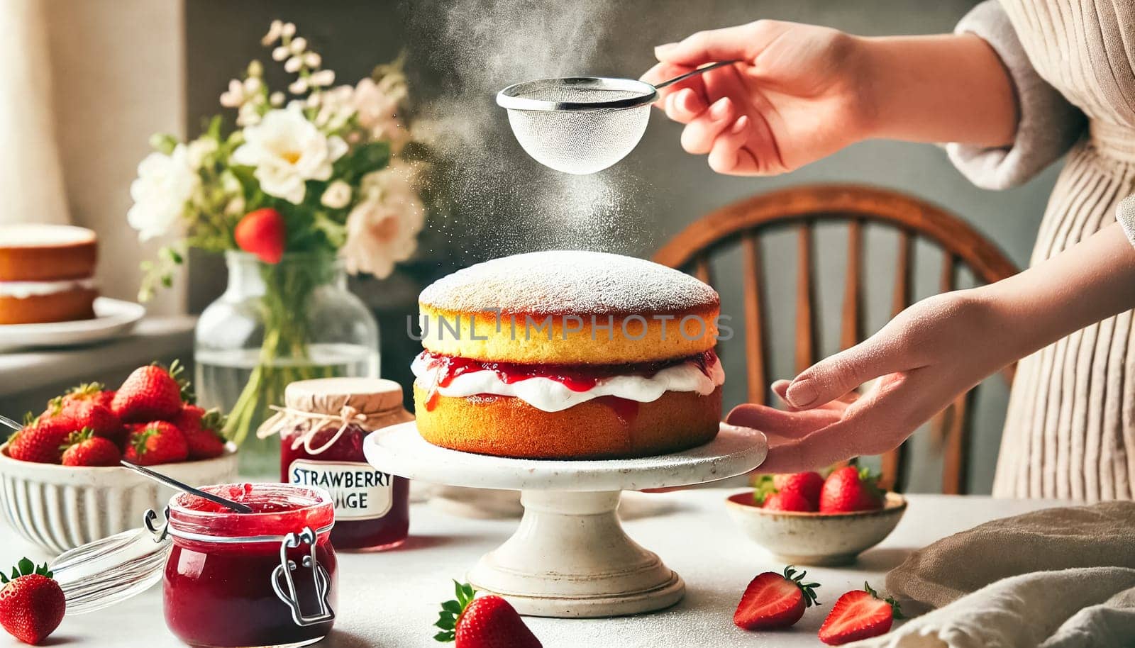 The images showcase a homemade Victoria sponge cake being dusted with powdered sugar. The cake features a luscious layer of strawberry jam and whipped cream between two golden sponges, with fresh strawberries and a jar of jam placed on the countertop. The setting is complemented by a rustic wooden chair and a soft-focus bouquet of flowers in the background.