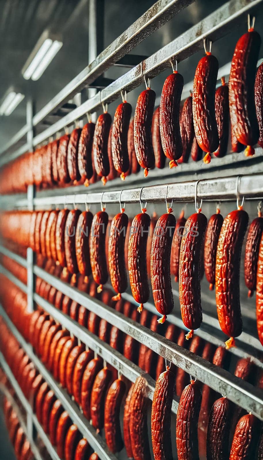 A spacious industrial drying room featuring long rows of neatly hung reddish-brown sausages. The perspective emphasizes the symmetry and precision of the orderly setup, framed by clean metal racks in a well-lit environment.