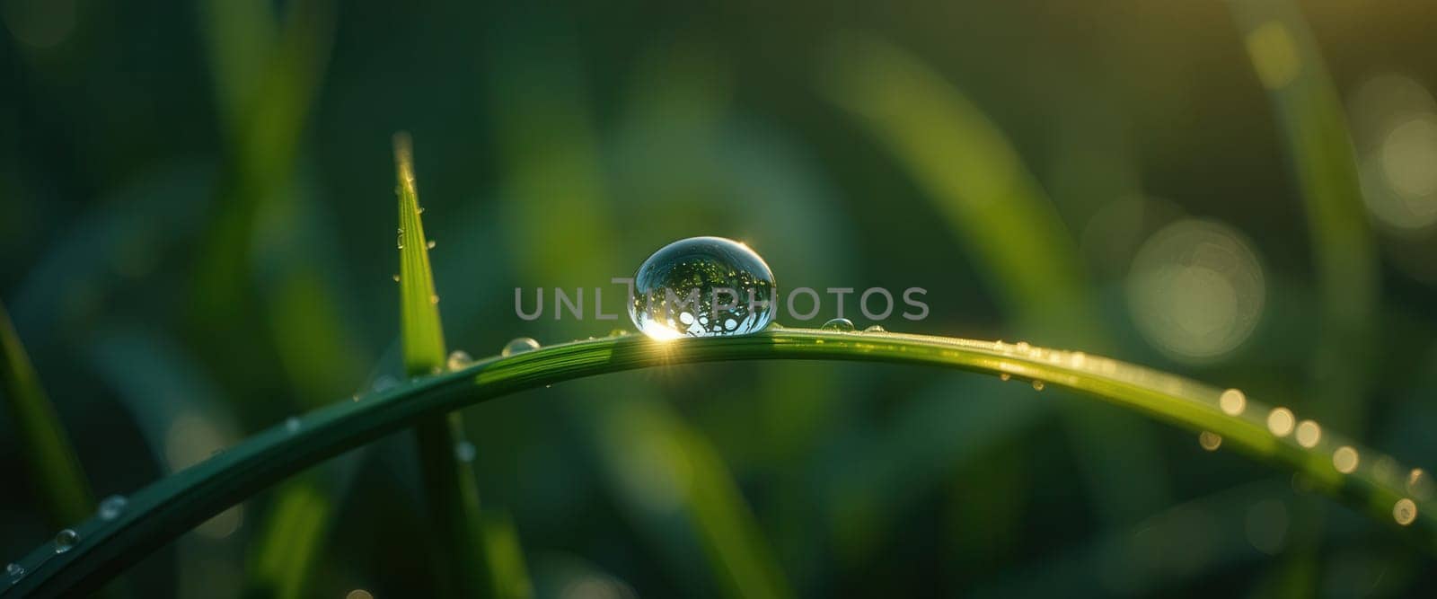 Dew drops on the blade of grass in the morning light