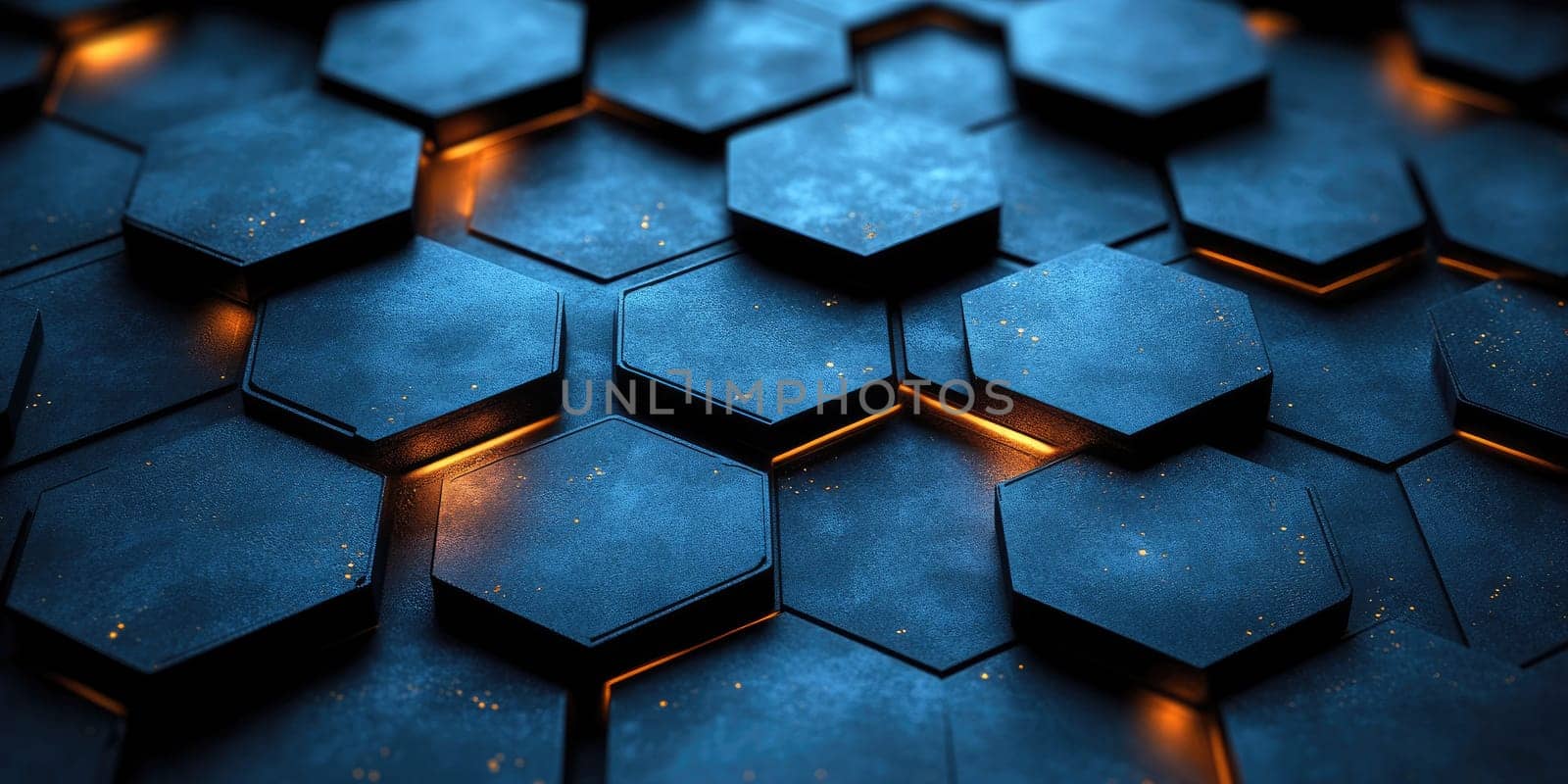 This abstract background showcases a hexagonal pattern with deep blue hues and metallic highlights, emphasizing smooth gradients and dynamic lighting. The minimalistic design creates a professional, modern aesthetic.
