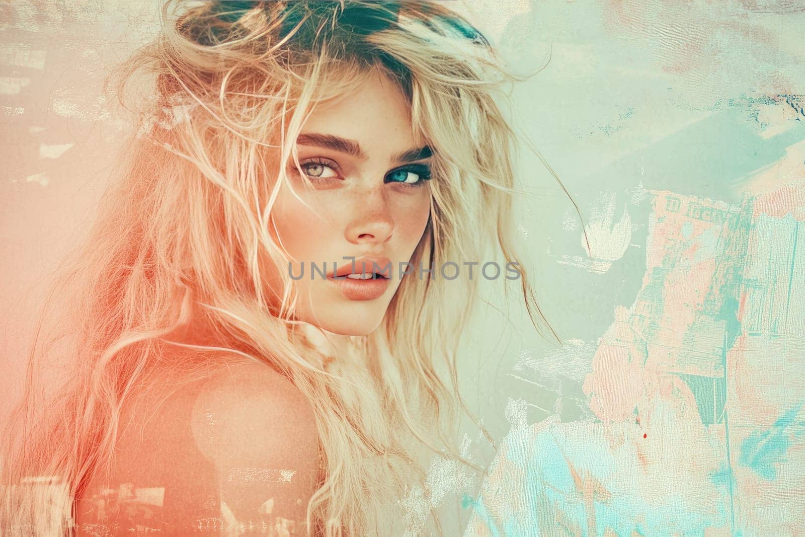 Confident blonde woman leans slightly forward against a soft pastel background filled with faded postcards and artistic vintage architecture, showcasing a stylish and timeless appeal that embodies glamour and allure.