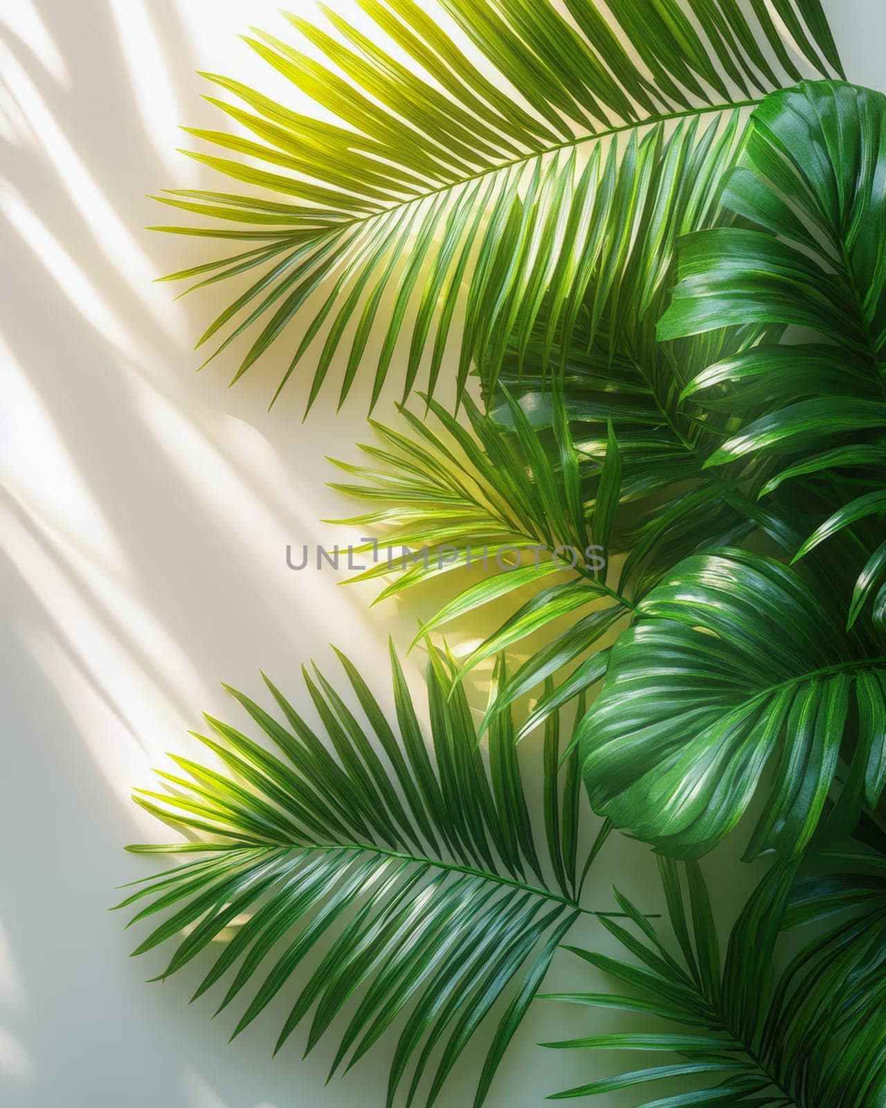Lush green palm leaves illuminated by sunlight, casting soft shadows on a white background. A perfect tropical summer vacation scene with a relaxing ambiance.
