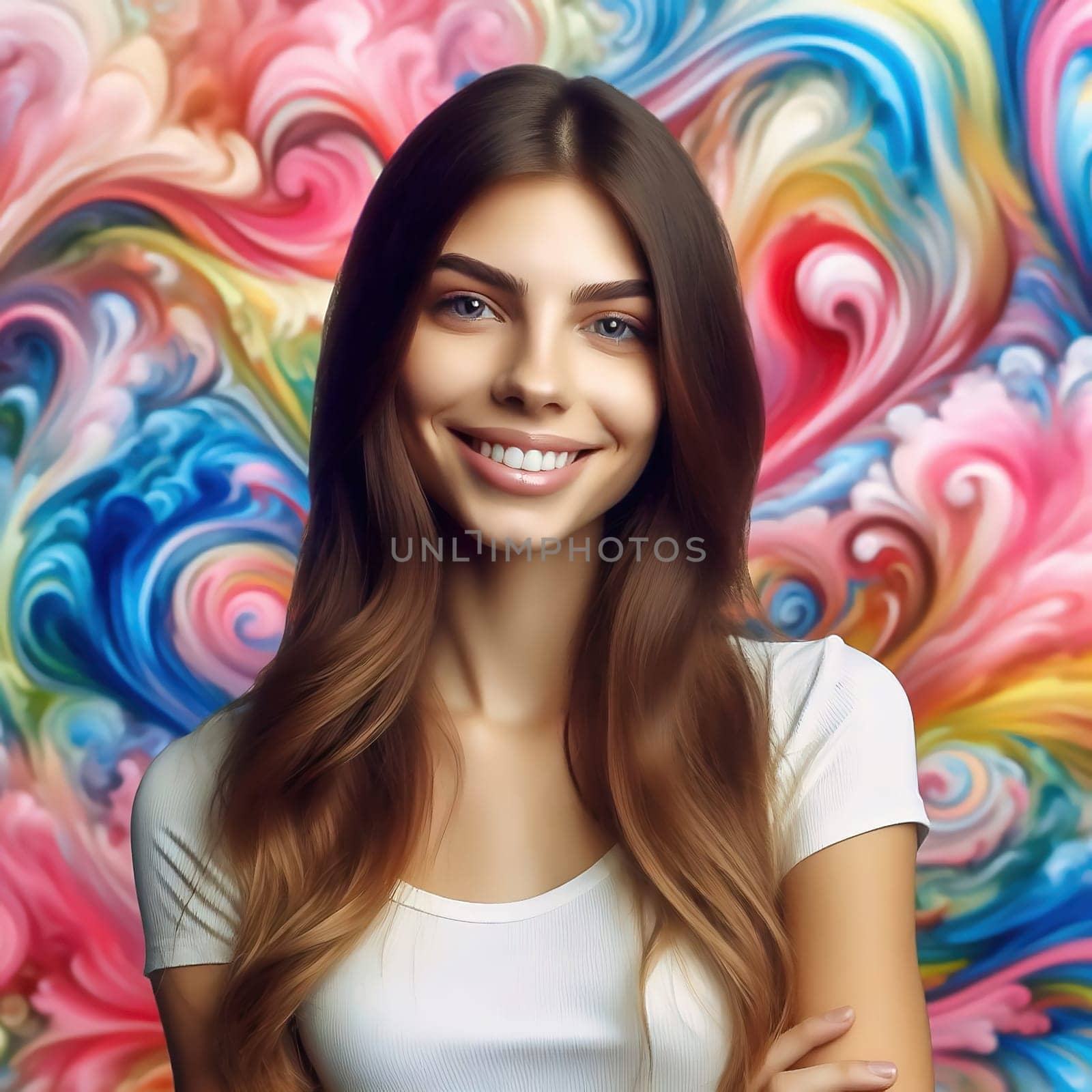Stylish woman with voluminous hair in front of a colorful, abstract background. Elegance meets art , a perfect blend of fashion and creativity.