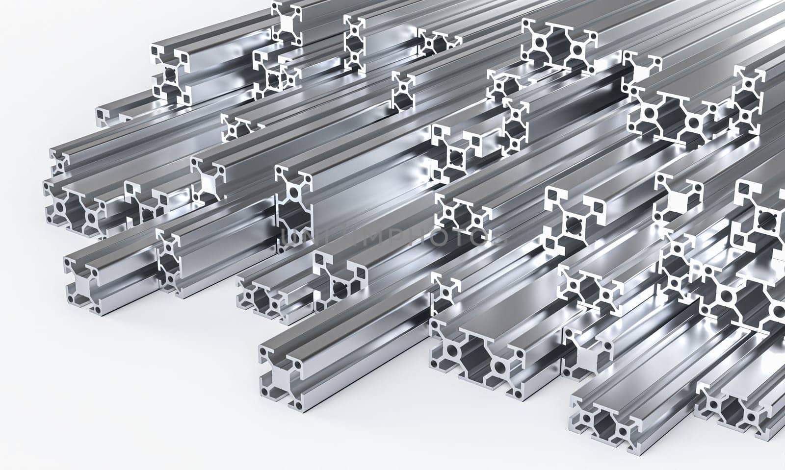 Stacked aluminum profiles creating modern industrial background 3d