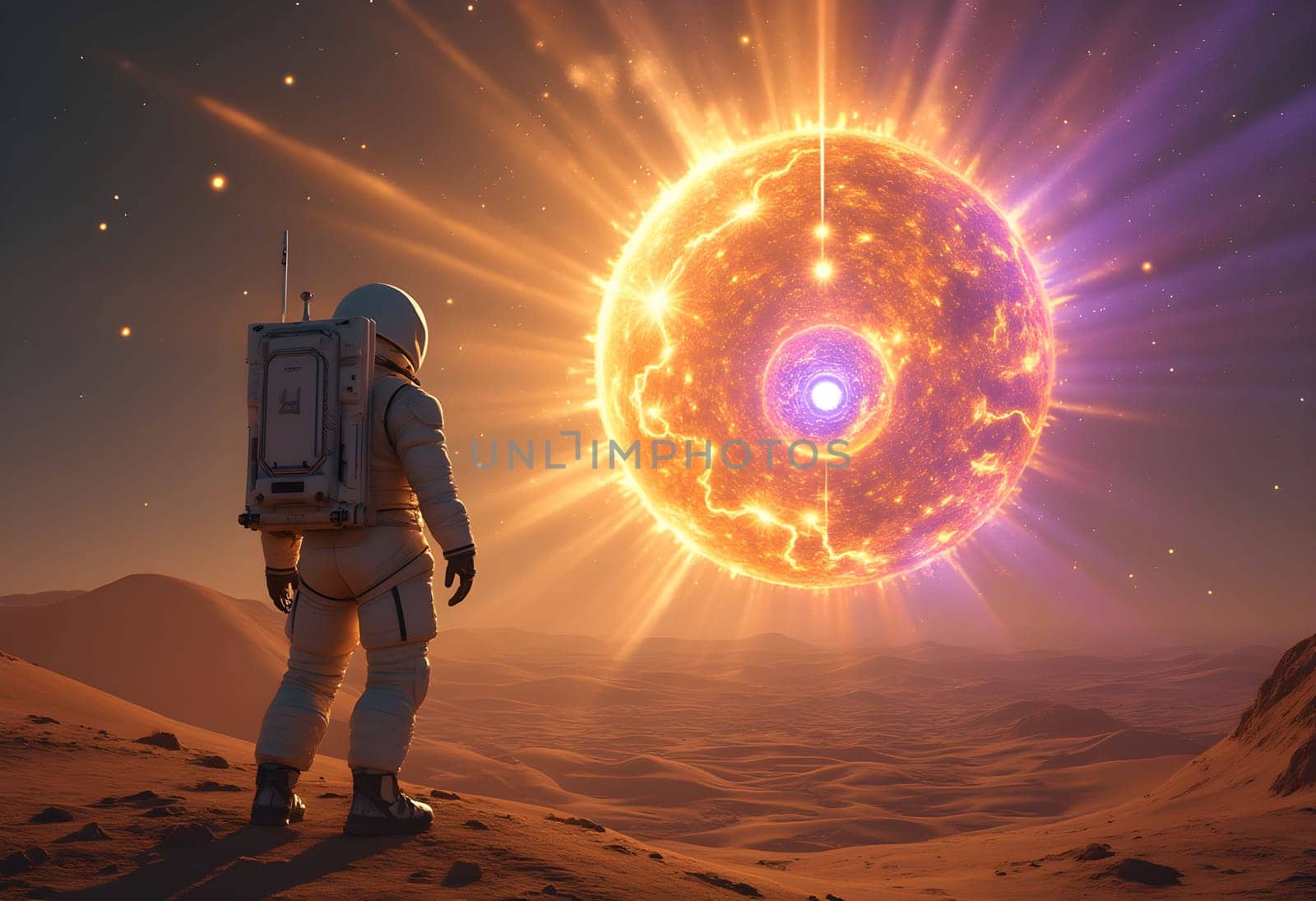 A futuristic astronaut stands on an alien desert, gazing at the Omega Sun—a swirling cosmic inferno of fire, plasma, and symbols.