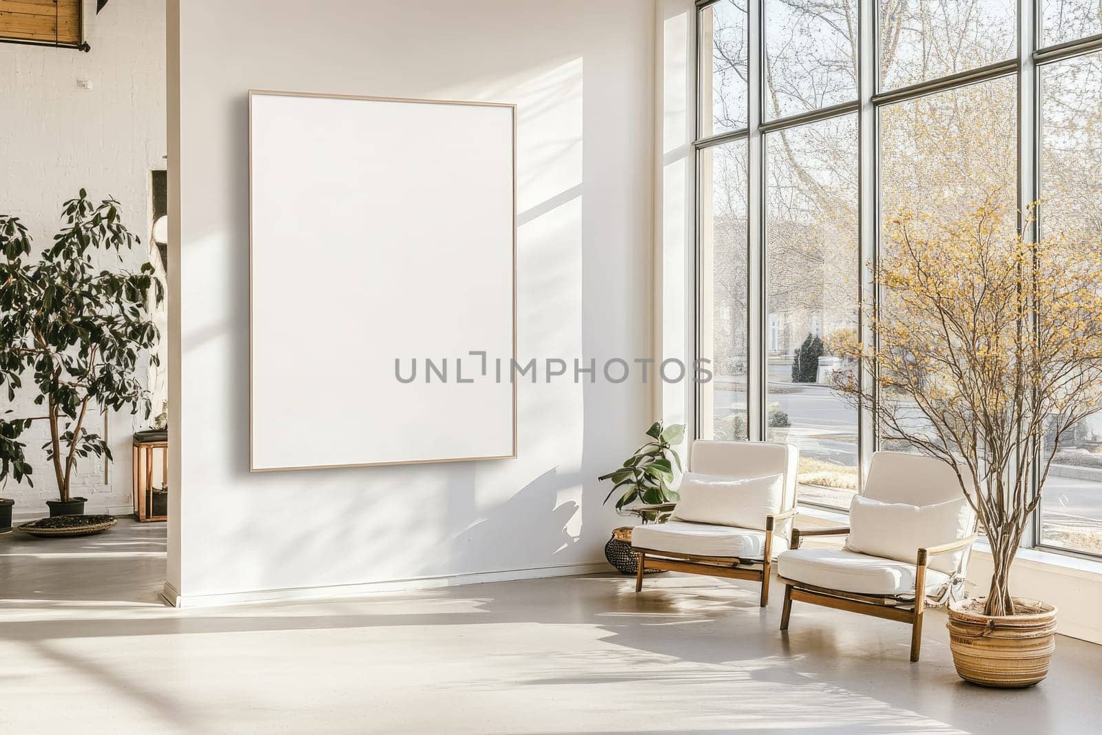 Bright white wall features a thin metallic frame holding an empty poster. Natural daylight floods the spacious office, enhancing the minimalist design. Indoor plants and cozy seating add warmth.