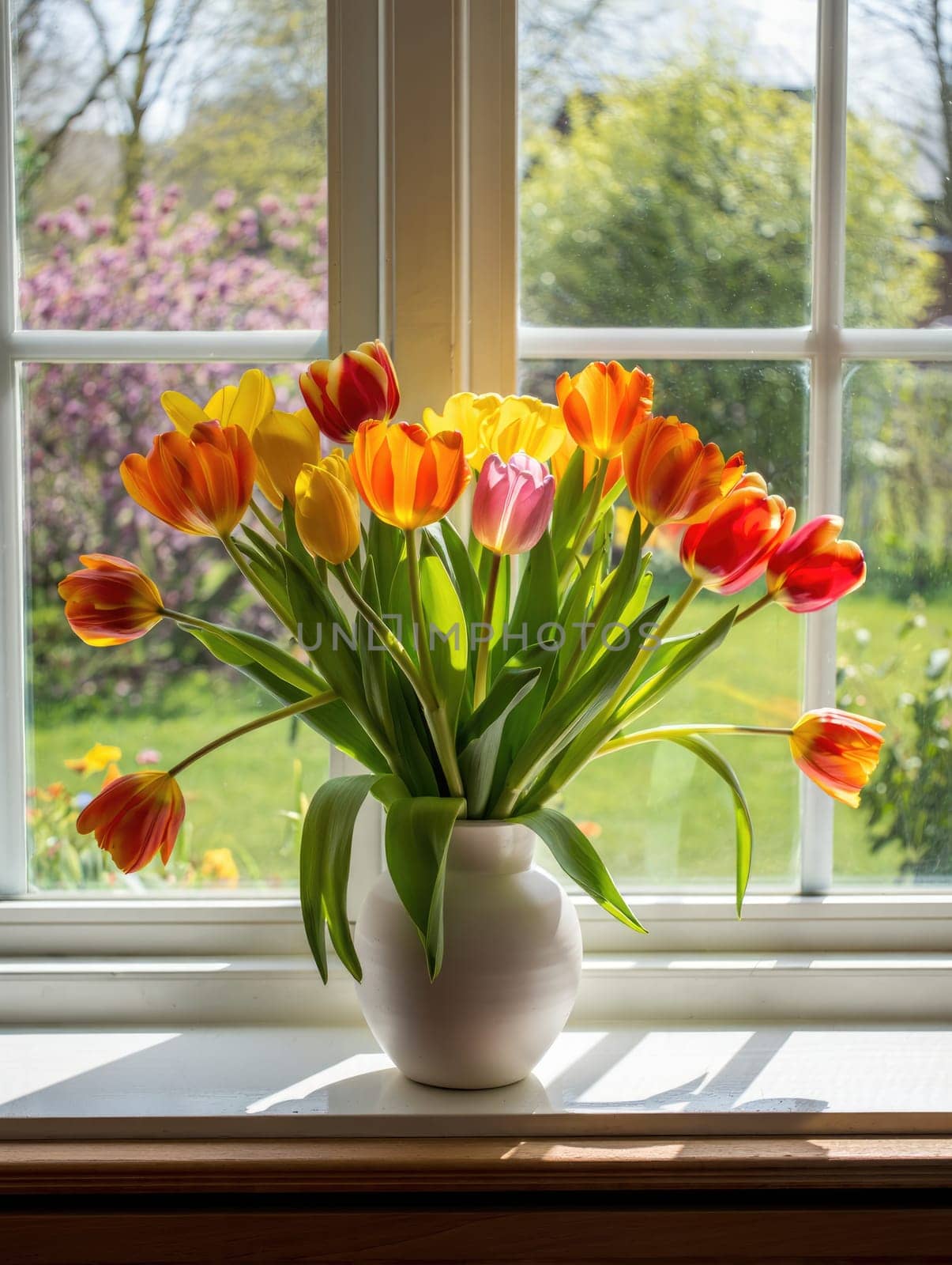A vibrant arrangement of tulips in yellow, red, and pink fills a white vase on a sunny windowsill, with a lush garden visible outside through the window.