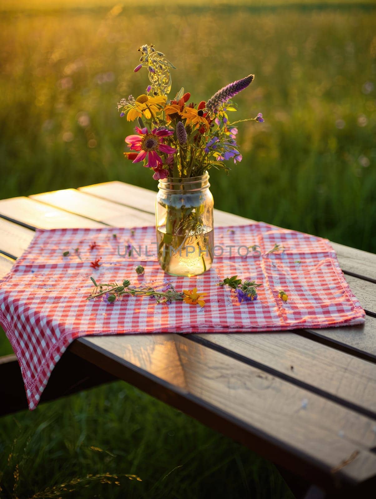 A beautiful wildflower bouquet in a glass jar sits on a wooden table covered with a red and white checkered cloth. The sun sets, casting a warm glow over the serene field.