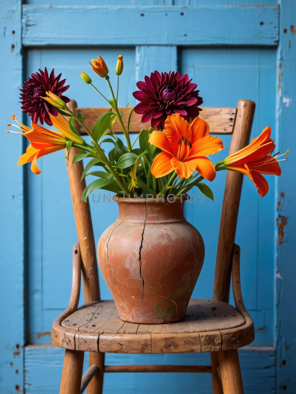 A colorful arrangement of orange lilies and deep purple flowers fills a rustic clay vase. The vase rests on a weathered wooden chair in front of a charming blue background, adding a cozy ambiance.