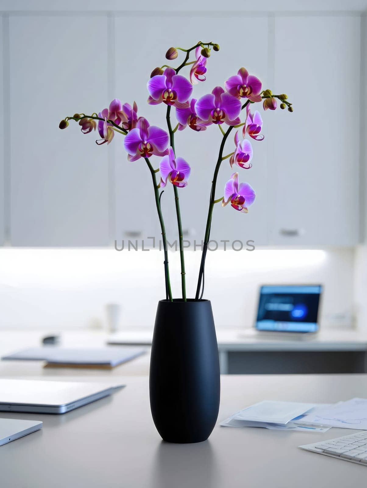 Purple orchids stand tall in a sleek black vase, adding beauty to a clean, modern office space. The soft lighting highlights the flowers, complementing the stylish surroundings and technology.