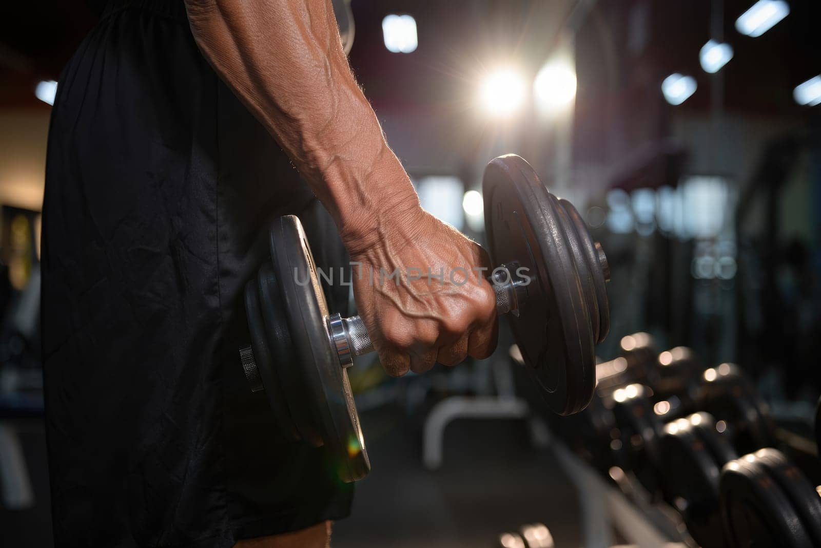 An elderly man focuses on strength training as he lifts a weight in a well equipped gym. The setting is bright, with a motivational atmosphere that encourages fitness.