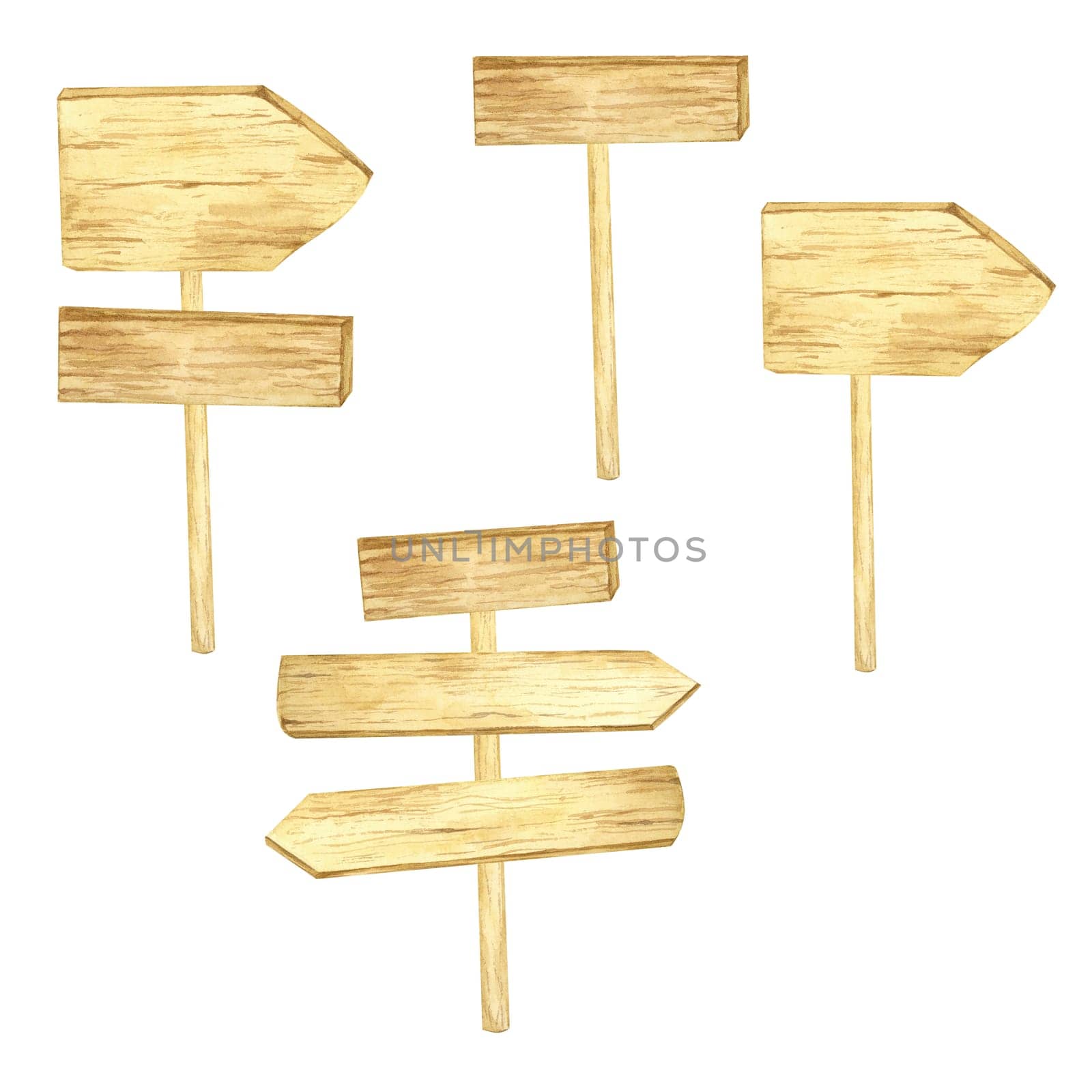 Collection of assorted wooden signs watercolor clipart with varied shapes and styles. Perfect for DIY party decor, event invitations, garden-themed designs, and digital art