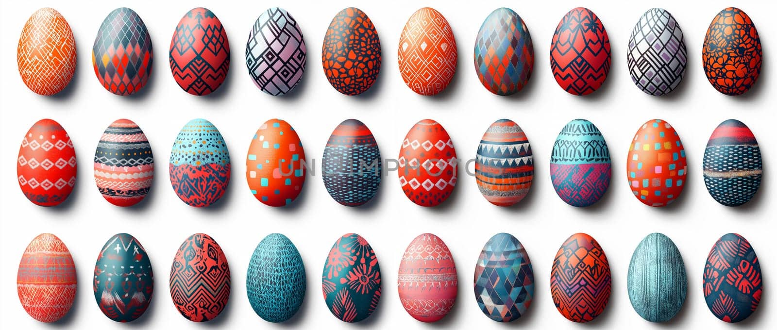 Beautifully decorated easter eggs featuring intricate designs are arranged in rows, showcasing vibrant colors and patterns perfect for celebrating spring festivities with family and friends.