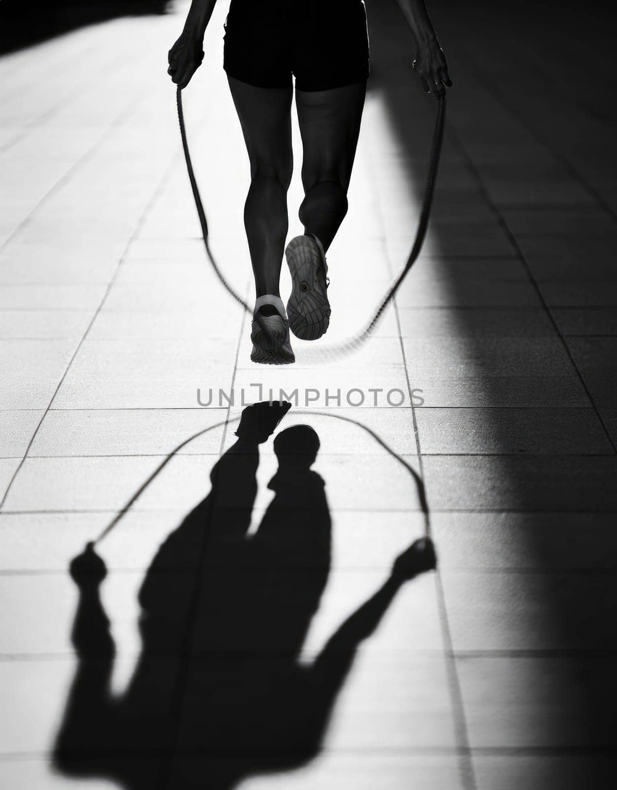 A person jumps rope outdoors on a paved surface during sunset. The silhouette casts a striking shadow that accentuates the motion and energy of the activity.