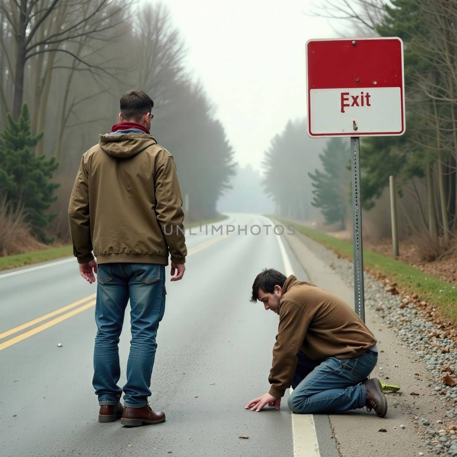 Two men confront the challenge of achieving their goals on a deserted road surrounded by trees and fog, highlighting their determination.