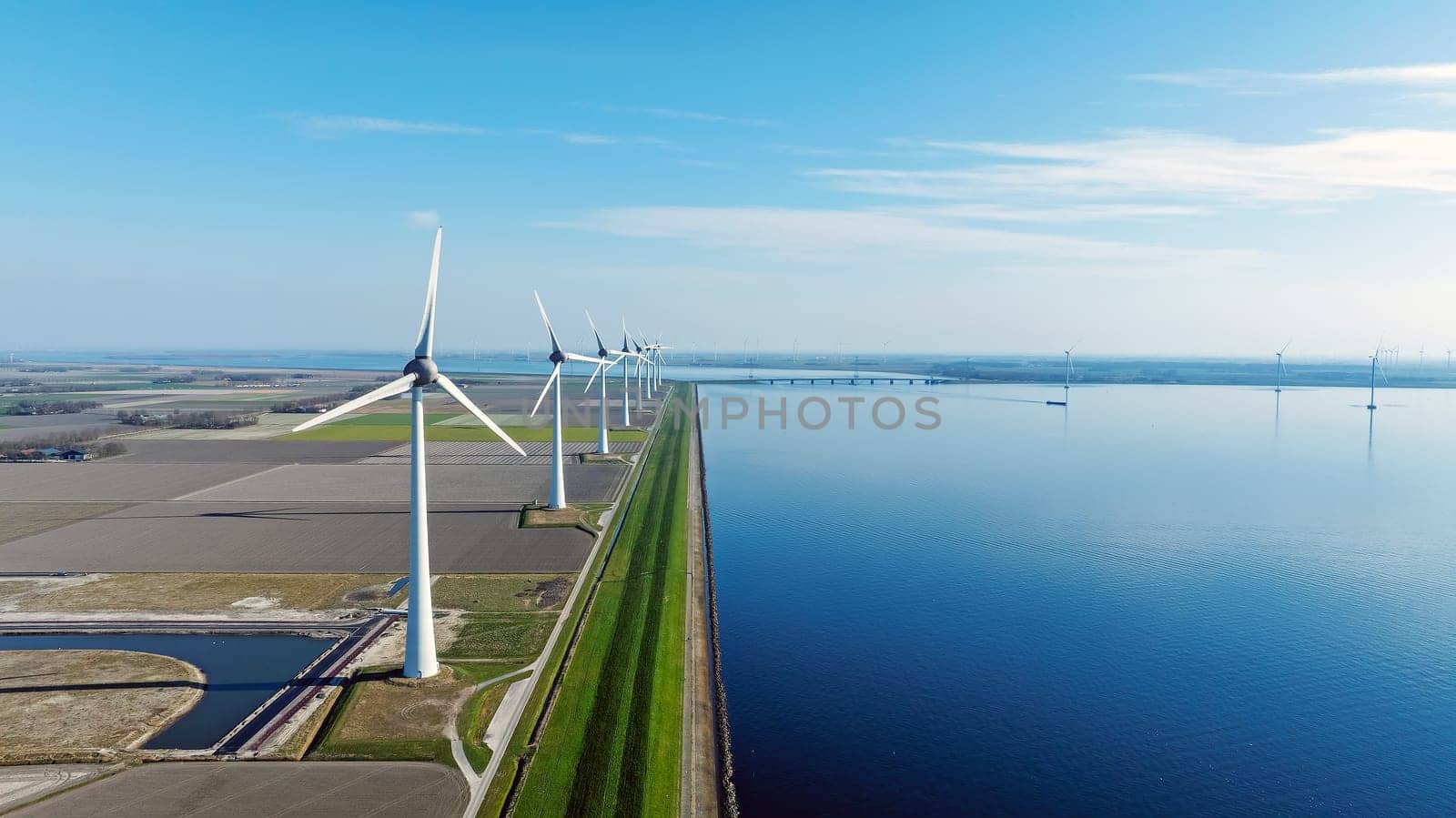 Aerial from windturbines along the IJsselmeer in the Netherlands