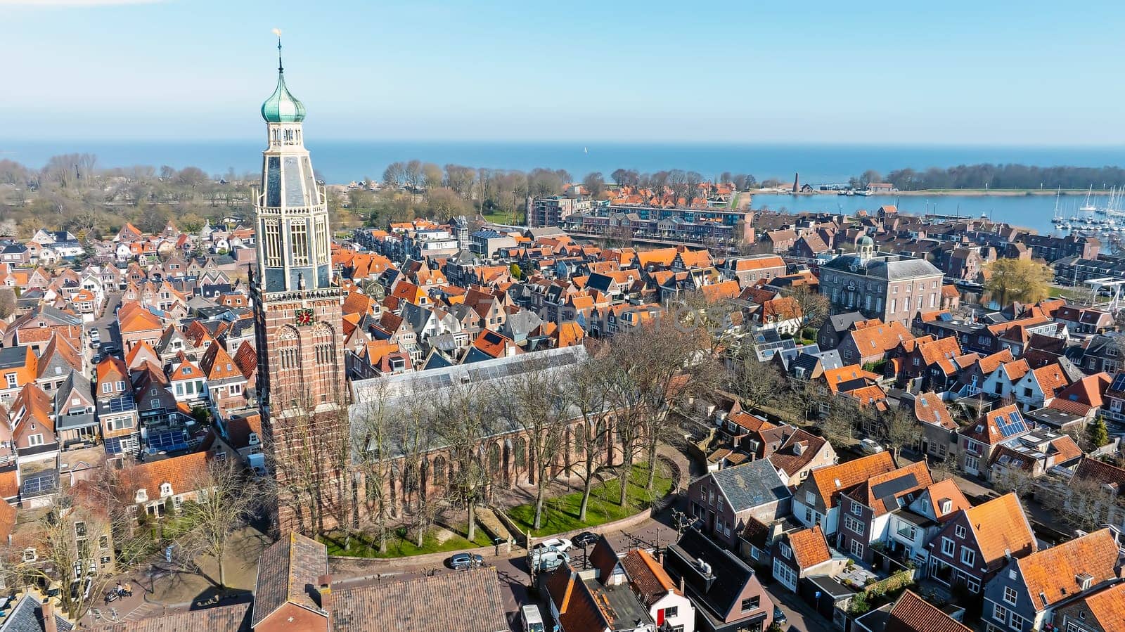 Aerial from the historical city Enkhuizen with the Zuiderkerk in the Netherlands