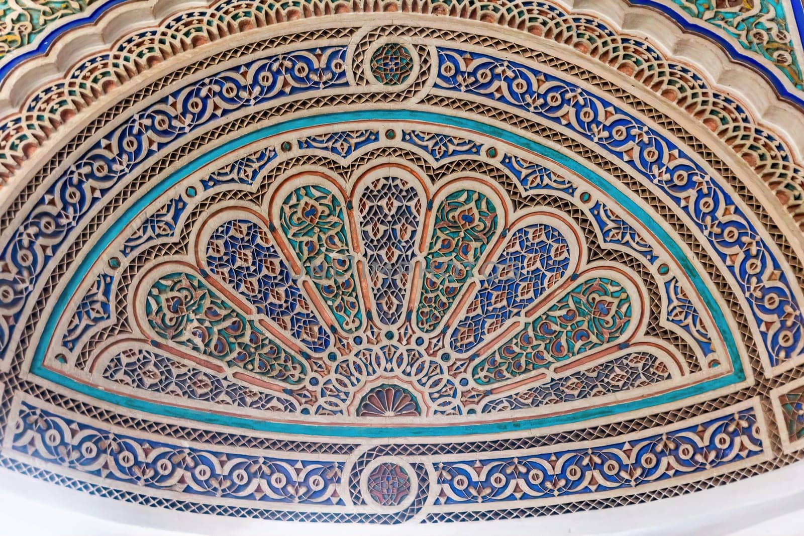 Detail view of ornamental decoration. Bahia Palace. Marrakesh. Morocco. Horizontal.