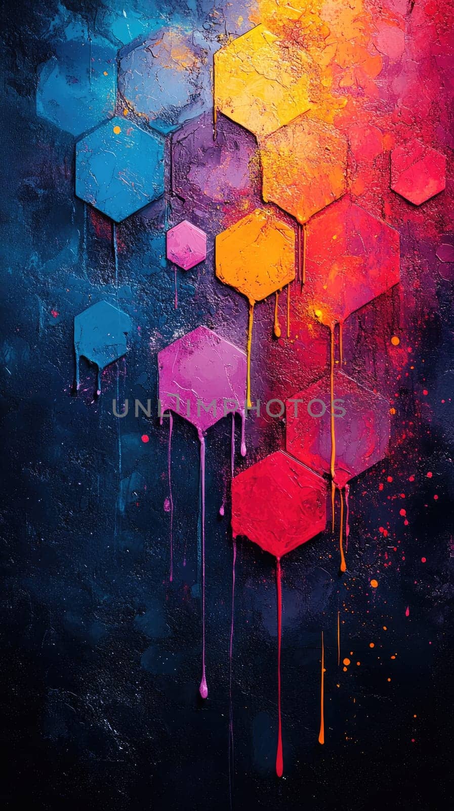 Hexagonal shapes in bright colors create an energetic and artistic background.