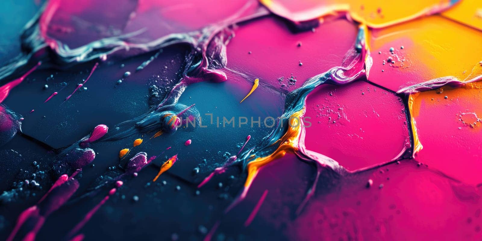 This abstract background showcases a striking hexagonal pattern enhanced by vibrant paint splashes.