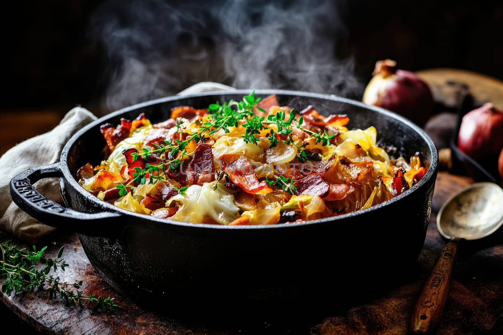 Deep Dutch oven filled with slow-braised cabbage and onions, infused with apples and topped with crispy bacon. Cozy farmhouse atmosphere enhances the rich, earthy tones and comforting aroma.