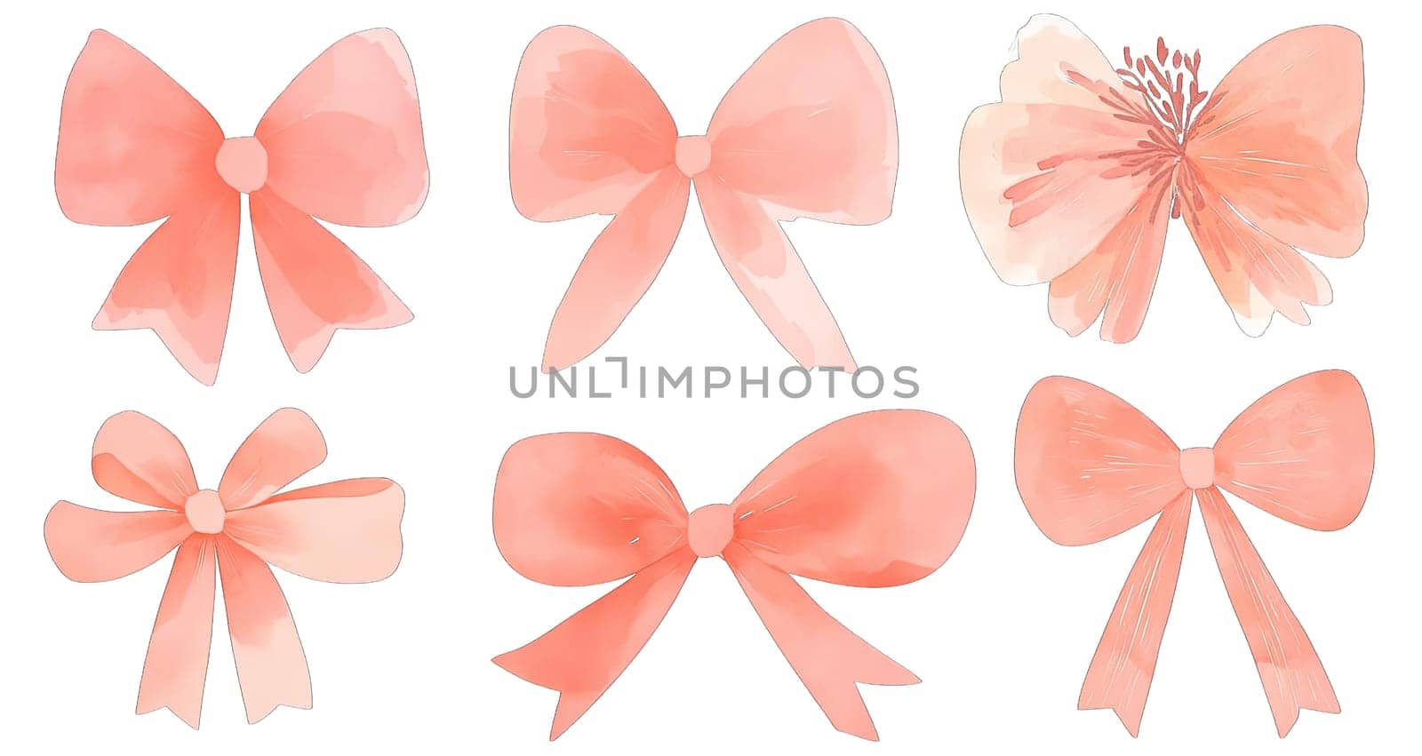 This collection features six exquisite bows and a floral design in soft coral hues, perfect for embellishing gifts, scrapbooks, or crafting projects. Ideal for various festive occasions.