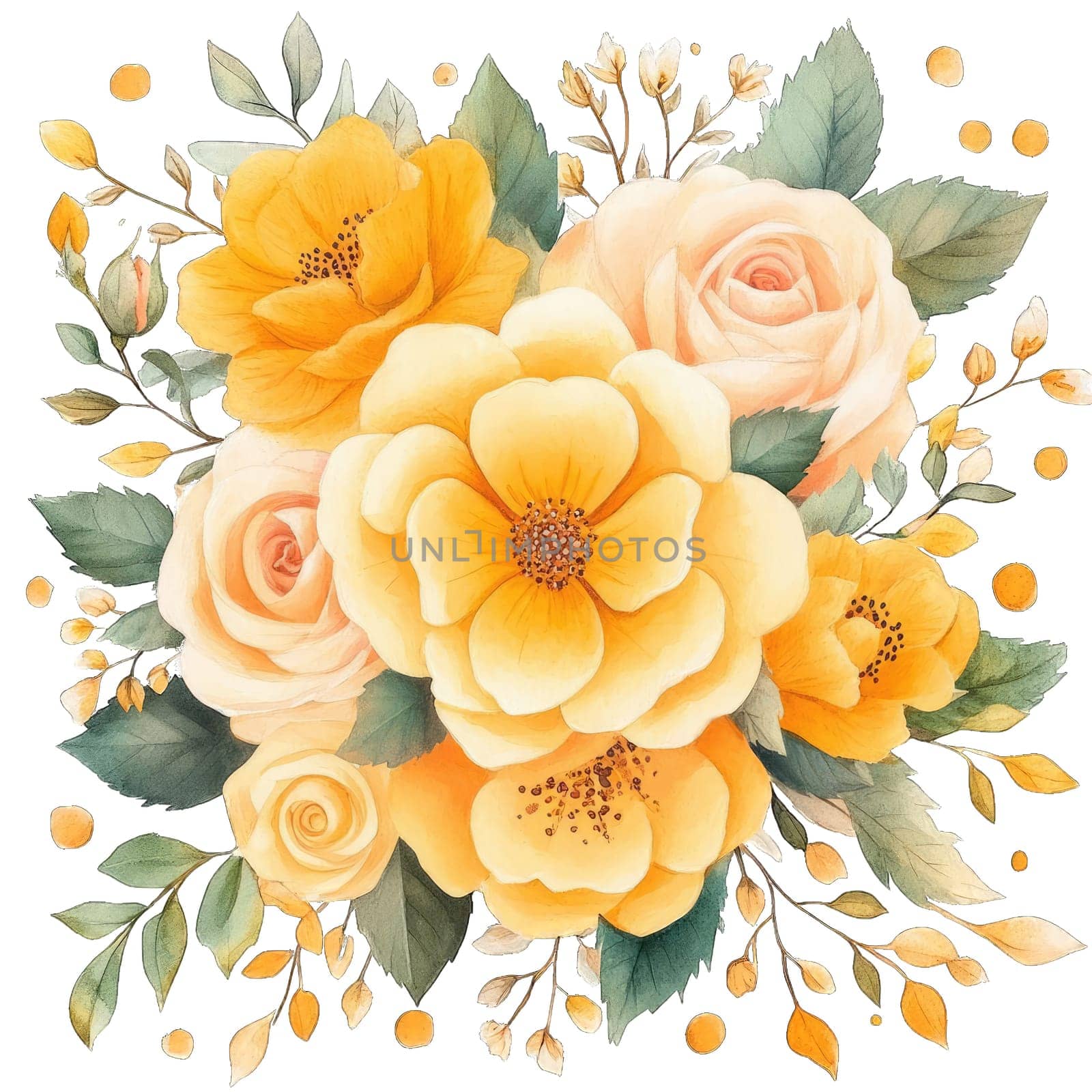 Delicate watercolor artwork showcases a vibrant arrangement of yellow and peach roses, enriched with seasonal foliage. This cheerful composition radiates warmth and beauty.
