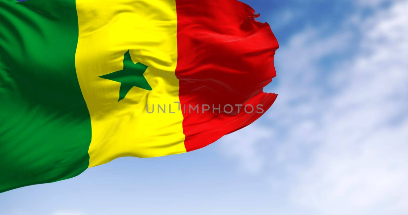 Senegalese flag waving in the wind, showing its pan-African colors and central green star—symbol of hope, unity, and Islamic heritage. 3d illustration render. Rippled fabric.