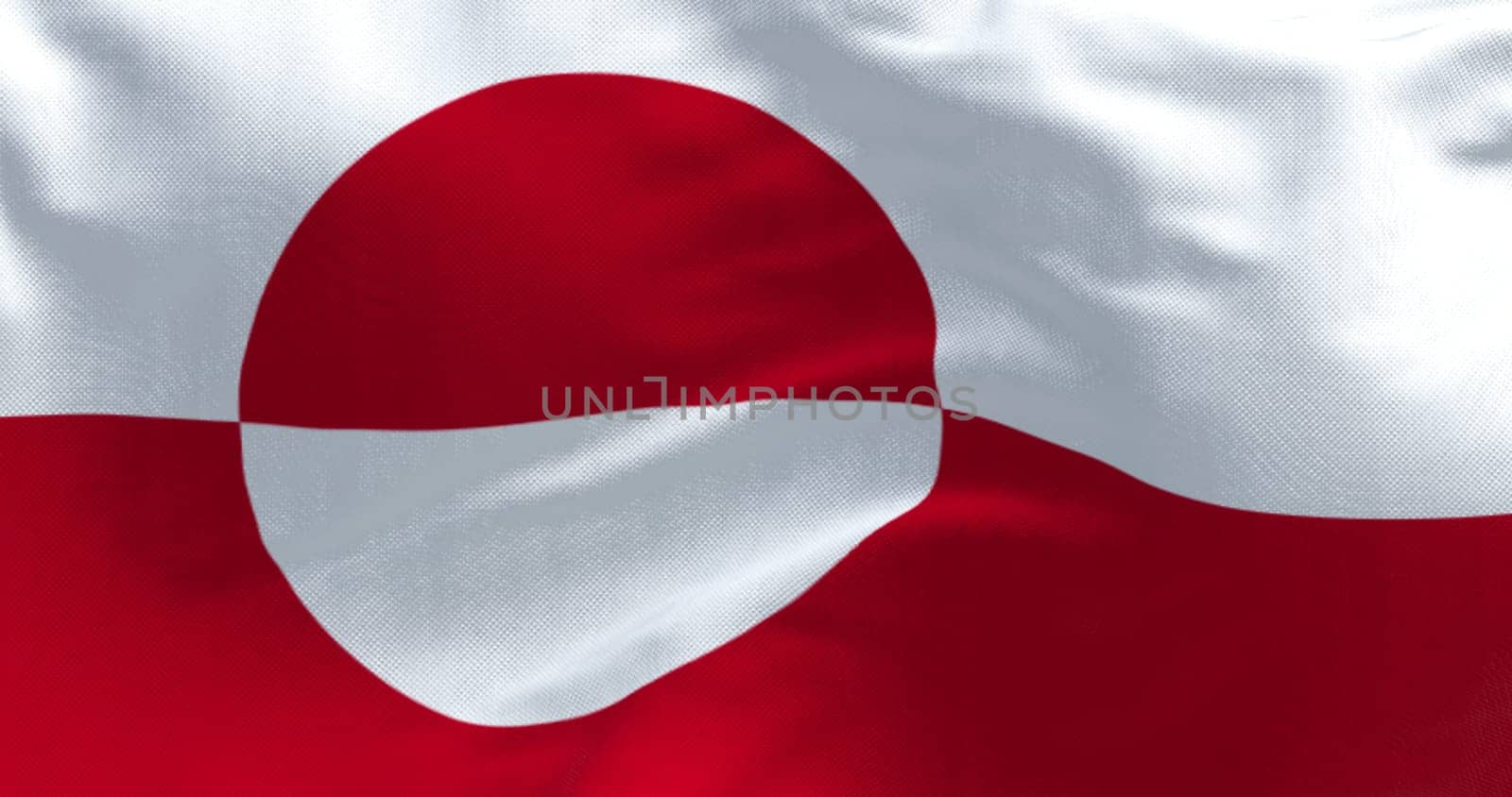 The flag of Greenland waving with its red and white circular design, symbol of Arctic identity, glaciers, and cultural pride. 3d illustration render. Rippled fabric