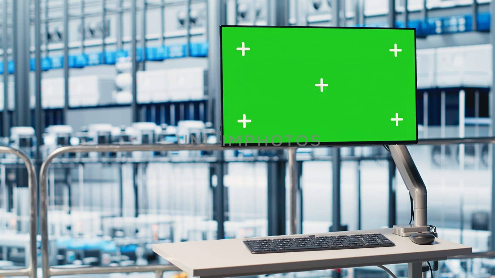 Green screen monitor displaying industrial automation software overlooking industry 4.0 smart factory. Mockup device display overseeing robotic arms, connected machines and control systems