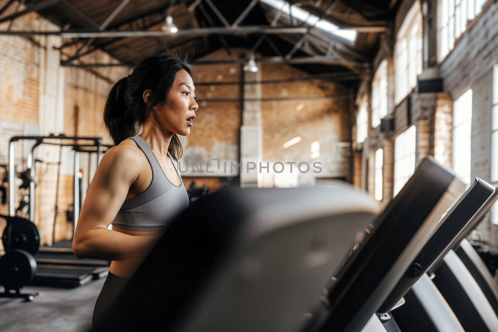 An asian woman engages in a focused run on a treadmill in a spacious, modern gym with an industrial design, displaying dedication to fitness. Generative AI.
