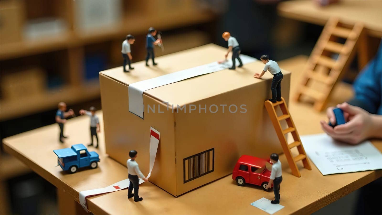 Miniature people of Diverse Individuals Collaborating to Efficiently Pack a Box with Precision and Care.