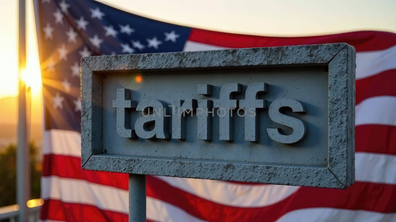 American Flag Waving Majestically with a Wooden Sign Displaying the Word Tariffs in Bold Letters