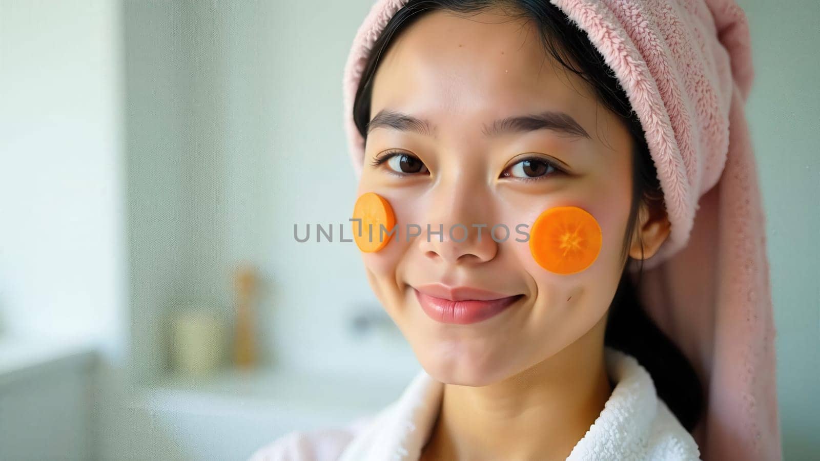 Close-up portrait of a young Asian woman with a facial mask made of carrot slices