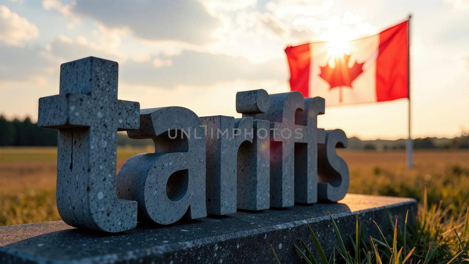 White cement word Tariffs standing on the green grass with the Canadian flag waving in the background..
