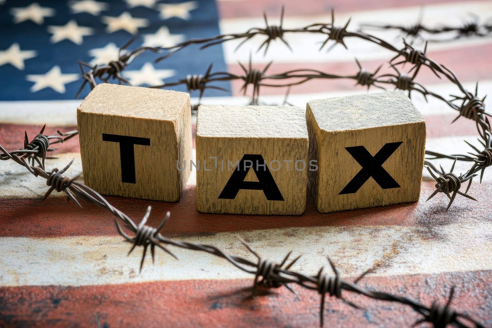 tax on wooden block in Tariffs concept with United States of America Flag..