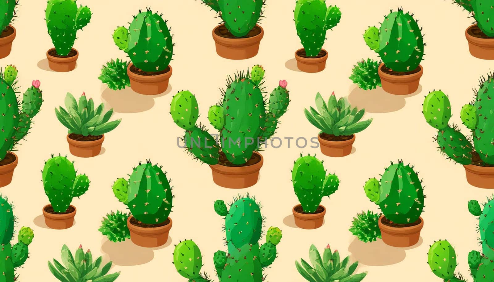 Illustration featuring a seamless pattern of various cactus and succulent pots on a beige background. Perfect for botanical and gardening themed designs or wallpapers. AI generated.