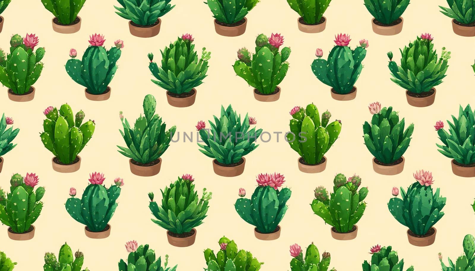 Illustration featuring a seamless pattern of various cactus and succulent pots on a beige background. Perfect for botanical and gardening themed designs or wallpapers. AI generated.