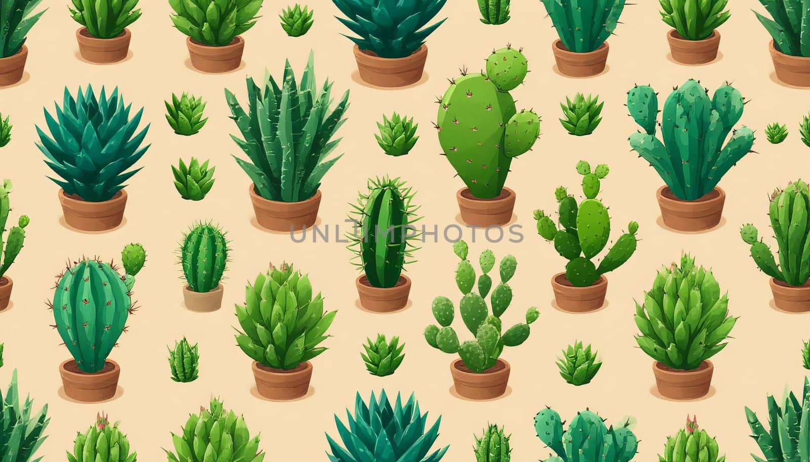 Illustration featuring a seamless pattern of various cactus and succulent pots on a beige background. Perfect for botanical and gardening themed designs or wallpapers. AI generated.