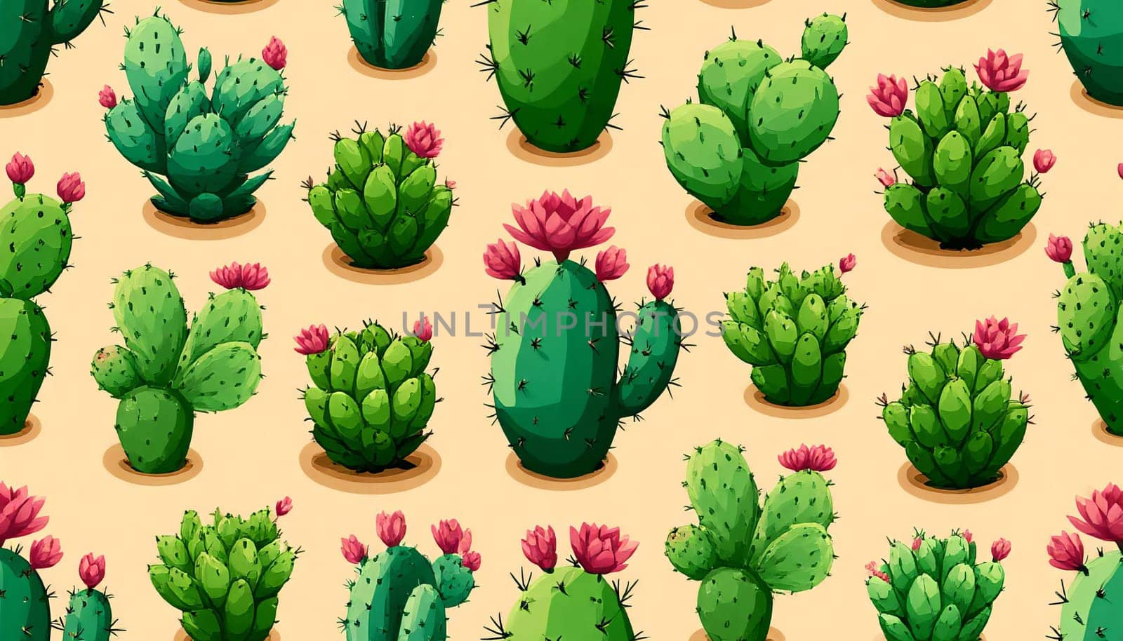 Illustration featuring a seamless pattern of various cactus and succulent pots on a beige background. Perfect for botanical and gardening themed designs or wallpapers. AI generated.