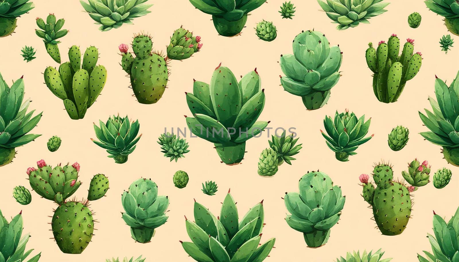 Illustration featuring a seamless pattern of various cactus and succulent pots on a beige background. Perfect for botanical and gardening themed designs or wallpapers. AI generated.